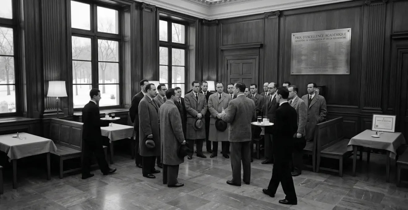 Salle de réception institutionnelle néoclassique avec colonnes et boiseries sombres, lumière hivernale nordique, ambiance de cérémonie officielle années 1950