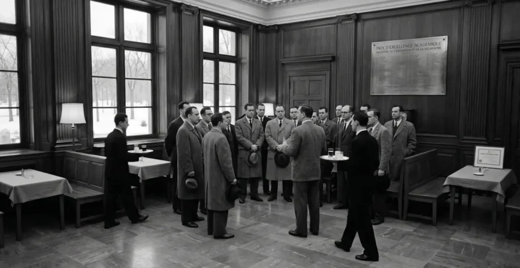 Salle de réception institutionnelle néoclassique avec colonnes et boiseries sombres, lumière hivernale nordique, ambiance de cérémonie officielle années 1950 Salle de réception institutionnelle néoclassique avec colonnes et boiseries sombres, lumière hivernale nordique, ambiance de cérémonie officielle années 1950